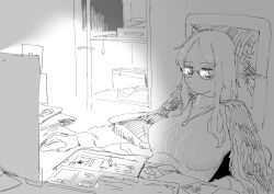 Rule 34 | 1girl, breasts, computer, highres, large breasts, long hair, looking at another, monitor, mouse (computer), original, paper, sitting, solo, suisogenshi, sweater, twitter