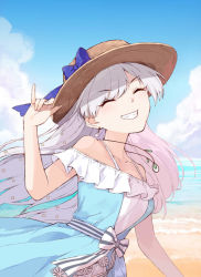 Rule 34 | 1girl, anastasia (fate), anastasia (swimsuit archer) (fate), anastasia (swimsuit archer) (first ascension) (fate), bare shoulders, beach, blue dress, blue sky, blush, bracelet, breasts, closed eyes, coffeekite, collarbone, dress, earrings, fate/grand order, fate (series), grin, hair over one eye, hairband, hat, jewelry, large breasts, long hair, necklace, pendant, shore, silver hair, sky, smile, solo, straw hat, very long hair