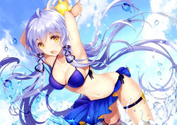 Rule 34 | 1girl, :d, ahoge, armpits, arms up, bikini, bison cangshu, black ribbon, blue hair, blue sky, breasts, cleavage, cloud, cloudy sky, collarbone, day, hair ribbon, halterneck, halterneck, highres, leaning forward, long hair, low twintails, medium breasts, navel, open mouth, outdoors, ribbon, sarong, side-tie bikini bottom, sky, smile, solo, sparkle, swimsuit, thigh strap, twintails, vocaloid, vocanese, water drop, xingchen, yellow eyes