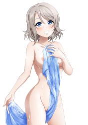 Rule 34 | 1girl, blue eyes, blue towel, blush, breasts, collarbone, covering privates, covering breasts, grey hair, grin, holding, holding towel, looking at viewer, love live!, love live! sunshine!!, medium breasts, miel (lessontome), nipples, nude, pussy, pussy peek, simple background, smile, solo, towel, watanabe you, wet, white background