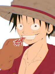 Rule 34 | 1boy, black hair, close-up, commentary, eating, food, hat, highres, looking at viewer, male focus, meat, monkey d. luffy, one piece, red shirt, scar, scar on face, shirt, short hair, simple background, solo, straw hat, suzu (suzuran piece), white background