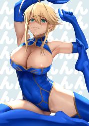 Rule 34 | 1girl, ahoge, areola slip, armpits, arms up, artoria pendragon (fate), artoria pendragon (lancer) (fate), blonde hair, blue gloves, blue leotard, blue thighhighs, blush, braid, breasts, cleavage, cleavage cutout, clothing cutout, commentary request, elbow gloves, fate/grand order, fate (series), french braid, gloves, green eyes, highres, large breasts, leotard, long hair, shiny skin, sidelocks, solo, thighhighs, yamaneko (tkdrumsco), yoga