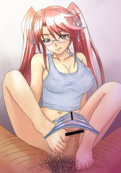 Rule 34 | barefoot, blush, bottomless, breasts, censored, covered erect nipples, feet, footjob, glasses, hair ribbon, highschool of the dead, large breasts, naughty face, nipples, panties, penis, pink hair, pov, ribbon, sawwei005, smile, striped clothes, striped panties, takagi saya, tank top, tongue, twintails, underwear