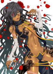 Rule 34 | 1girl, bandages, bare shoulders, black hair, black nails, border break, breasts, character request, cleavage cutout, clothing cutout, dark-skinned female, dark skin, eyepatch, falling petals, highres, ippo, long hair, navel, open mouth, petals, scar on body, small breasts, white background, yellow eyes