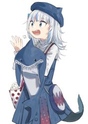 Rule 34 | 1girl, :d, bag, beret, blouse, blue dress, blue eyes, blue hat, bucket, cowboy shot, dress, fins, fish tail, food, gawr gura, hand up, hat, highres, holding, hololive, hololive english, long sleeves, megame (okbnkn), multicolored hair, open mouth, pinafore dress, pleated dress, popcorn, shark tail, sharp teeth, shirt, shoulder bag, simple background, sleeveless, sleeveless dress, smile, solo, standing, streaked hair, stuffed animal, stuffed shark, stuffed toy, tail, teeth, virtual youtuber, white background, white hair, white shirt