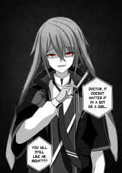 Rule 34 | 1boy, absurdres, ansel (arknights), arknights, bad id, bad pixiv id, commentary, english commentary, english text, furrowed brow, greyscale, hair between eyes, highres, holding, holding syringe, ichi10art, long sleeves, male focus, monochrome, necktie, red eyes, solo, spot color, syringe, v-shaped eyebrows