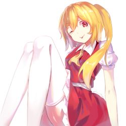 Rule 34 | 1girl, ;p, arm support, arms at sides, ascot, blonde hair, breasts, closed mouth, collared shirt, flandre scarlet, frilled skirt, frills, hair between eyes, idco, knees up, long hair, looking at viewer, no headwear, no wings, one eye closed, puffy short sleeves, puffy sleeves, reclining, red eyes, red skirt, red vest, shirt, short sleeves, side ponytail, simple background, sitting, skirt, skirt set, smile, solo, thighhighs, tongue, tongue out, touhou, vest, white background, white shirt, white thighhighs, wing collar, yellow ascot