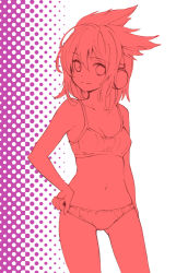 Rule 34 | 1girl, bra, earmuffs, artistic error, halftone, hand on own hip, lingerie, looking at viewer, makuwauri, panties, red theme, short hair, smile, solo, touhou, toyosatomimi no miko, underwear, underwear only
