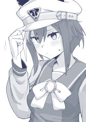 Rule 34 | 1girl, a4 (a4 eishi), animal ear headwear, blush, bow, bowtie, breasts, cheval grand (umamusume), closed mouth, fake animal ears, greyscale, hair between eyes, hand on headwear, hand up, hat belt, highres, long sleeves, looking at viewer, monochrome, sailor collar, school uniform, shirt, short hair, small breasts, solo, sweatdrop, tracen school uniform, umamusume, upper body