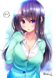 Rule 34 | 1girl, blush, breasts, cardigan, cleavage, collarbone, collared shirt, dress shirt, green cardigan, hair between eyes, hand on own chest, hand up, highres, large breasts, long hair, long sleeves, mokufuu, original, parted lips, purple eyes, purple hair, school uniform, shirt, sleeves past wrists, solo, spoken blush, twitter username, upper body, very long hair, white background, white shirt