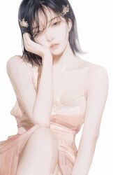 1girl absurdres black_hair breasts collarbone grey_eyes hair_ornament hand_on_own_cheek hand_on_own_face highres irene_(red_velvet) k-pop leaning_to_the_side looking_at_viewer nagamerin parted_lips real_life red_velvet_(group) short_hair simple_background sitting small_breasts solo white_background