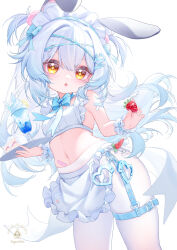 Rule 34 | 1girl, :o, animal ears, blue hair, food, fruit, highres, long hair, maid, navel, original, pantyhose, rabbit ears, solo, strawberry, suaynnai wanzi, tagme, white background, white pantyhose, yellow eyes