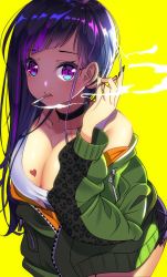 Rule 34 | 1girl, bare shoulders, black choker, black nails, blue hair, breast tattoo, breasts, choker, cigarette, cleavage, collarbone, commentary request, cowboy shot, cutoffs, earrings, fujiya takao, green jacket, hand up, heart, heart tattoo, highres, jacket, jewelry, large breasts, leaning forward, long hair, long sleeves, looking at viewer, mouth hold, multicolored hair, nail polish, off shoulder, original, parted lips, purple eyes, purple hair, shirt, short shorts, shorts, simple background, sleeveless, sleeveless shirt, smoke, smoking, solo, streaked hair, tank top, tattoo, two-tone hair, white shirt, yellow background