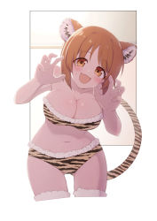 Rule 34 | 1girl, :d, absurdres, alternate costume, animal ears, animal print, bare shoulders, bikini, blush, breasts, brown eyes, brown hair, claw pose, cleavage, cowboy shot, cropped legs, fang, female focus, fur-trimmed bikini, fur-trimmed legwear, fur trim, girls und panzer, gluteal fold, head tilt, highres, large breasts, leaning forward, looking at viewer, nagomiya (shousha), navel, nishizumi miho, open mouth, outside border, short hair, skin fang, smile, solo, standing, strapless, strapless bikini, sweatdrop, swimsuit, tail, thighhighs, tiger ears, tiger print, tiger tail, yellow bikini