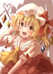Rule 34 | 1girl, absurdres, artist name, ascot, blush, brown eyes, collared shirt, cowboy shot, crystal, fang, flandre scarlet, frilled shirt collar, frilled sleeves, frills, hair between eyes, hat, hat ribbon, heart, heart-shaped pupils, highres, kotatsune, looking at viewer, multicolored wings, open mouth, puffy short sleeves, puffy sleeves, red ribbon, red skirt, red vest, ribbon, shirt, short sleeves, simple background, skin fang, skirt, skirt set, sleeve ribbon, solo, symbol-shaped pupils, touhou, v, vest, white background, white hat, white shirt, wings, yellow ascot