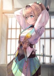 Rule 34 | 1girl, arms up, black gloves, blonde hair, blue eyes, blue skirt, blush, chest sarashi, cowboy shot, fingerless gloves, gloves, hair ribbon, haori, highres, hololive, indoors, japanese clothes, kazama iroha, long sleeves, looking away, parted lips, pleated skirt, ponytail, ribbon, sarashi, sheath, sheathed, skirt, solo, standing, sword, virtual youtuber, weapon, xyunx