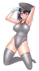 Rule 34 | 1girl, absurdres, aiuti, akitsu maru (kancolle), alternate costume, armpits, arms behind head, arms up, black eyes, black hair, black hat, blush, breasts, closed mouth, competition swimsuit, full body, gloves, grey one-piece swimsuit, grey thighhighs, hair between eyes, hat, highleg, highres, kantai collection, kneeling, large breasts, looking at viewer, military, military hat, military uniform, one-piece swimsuit, peaked cap, short hair, simple background, smile, solo, swimsuit, thighhighs, uniform, white background, white gloves