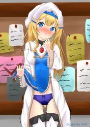 Rule 34 | 10s, 1girl, :&lt;, absurdres, artist name, blonde hair, blue eyes, blue panties, blush, bow, bow panties, breasts, bulletin board, clothes lift, cowboy shot, dress, dress lift, female focus, gem, gluteal fold, goblin slayer!, habit, hands up, hat, highres, japanese text, lifted by self, long hair, long sleeves, looking at viewer, medium breasts, nose blush, open mouth, panties, peeing, peeing self, priestess (goblin slayer!), solo, standing, tarosuke, thighhighs, translation request, trembling, twitter username, underwear, wet, wet clothes, wet panties, white hat, white thighhighs