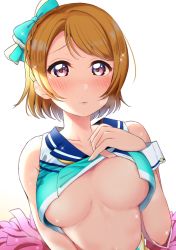 Rule 34 | 10s, 1girl, areola slip, bare shoulders, berisuno (beriberi0707), blush, braid, breasts, brown hair, cheerleader, clothes lift, hair ribbon, highres, koizumi hanayo, large breasts, lifted by self, looking at viewer, love live!, love live! school idol project, no bra, parted lips, purple eyes, ribbon, sailor collar, shirt lift, short hair, simple background, solo, sparkle, sweat, underboob, upper body, white background, wrist cuffs