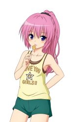 Rule 34 | 10s, 1girl, :p, alternate hairstyle, arm behind back, bare shoulders, blush, candy, clothes writing, collarbone, colorized, cowboy shot, english text, flat chest, food, hair between eyes, hair ornament, hair scrunchie, high ponytail, highres, holding, licking, lollipop, long hair, looking at viewer, nana asta deviluke, official art, pink hair, ponytail, purple eyes, scrunchie, shige (moe-ren.net), shorts, solo, star (symbol), star print, to love-ru, to love-ru darkness, tongue, tongue out, transparent background, yabuki kentarou