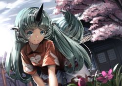 Rule 34 | 1girl, animal ears, buttons, cherry blossoms, closed mouth, cloud print, collared shirt, curly hair, day, flower, green eyes, green hair, horns, kariyushi shirt, komano aunn, leaning forward, lips, long hair, looking at viewer, outdoors, red shirt, ryosios, shirt, short sleeves, shorts, single horn, smile, solo, touhou, v arms, very long hair