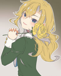 Rule 34 | 1girl, blonde hair, blue eyes, blush, child, commentary request, double-parted bangs, eyelashes, eyes visible through hair, flower, from behind, gradient background, green shirt, grey background, hair between eyes, hands up, highres, holding, holding flower, ib (kouri), juliet sleeves, long hair, long sleeves, looking at viewer, looking back, mary (ib), open mouth, own hands together, puffy sleeves, rose, shirt, simple background, slit pupils, smile, solo, taku hanamiyap, teeth, upper body, upper teeth only, wavy hair, white background, yellow flower, yellow rose