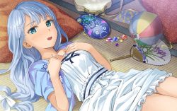 Rule 34 | 1girl, bad id, bad twitter id, bag, blue eyes, blue hair, blue jacket, blush, commentary request, dress, frilled dress, frills, hand fan, handbag, hands on own chest, idolmaster, idolmaster million live!, idolmaster million live! theater days, jacket, light blue hair, long hair, looking at viewer, low-tied long hair, lying, on back, open clothes, open jacket, open mouth, paper fan, pillow, shiraishi tsumugi, short sleeves, solo, tatami, uchiwa, white dress, yoropa