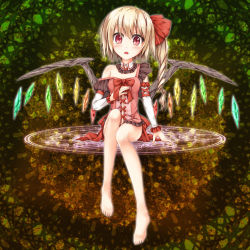 Rule 34 | 1girl, alternate costume, bad id, bad pixiv id, bare legs, bare shoulders, barefoot, blonde hair, bow, detached sleeves, feet, female focus, flandre scarlet, floating, hair bow, highres, magic circle, off shoulder, red eyes, short hair, side ponytail, sitting, solo, embodiment of scarlet devil, toshizaki shouma, touhou, wings