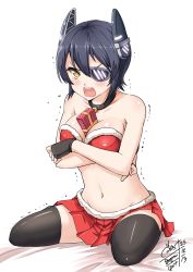 Rule 34 | 10s, 1girl, bandeau, bell, neck bell, between breasts, black gloves, black hair, blush, breast hold, breasts, christmas, cleavage, collar, embarrassed, eyepatch, fingerless gloves, fur trim, gift, gloves, go-it, headgear, highres, jingle bell, kantai collection, large breasts, looking at viewer, navel, open mouth, santa costume, short hair, sitting, skirt, solo, tears, tenryuu (kancolle), thighhighs, trembling, wariza, yellow eyes, zettai ryouiki