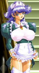 Rule 34 | breasts, clothes lift, frills, large breasts, maid, onoe, purple eyes, purple hair, skirt, skirt lift, thighhighs