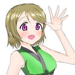 Rule 34 | 1girl, artist name, artist request, bare shoulders, blush, breasts, brown hair, female focus, green kimono, hair between eyes, hand wave, highres, japanese clothes, kimono, koizumi hanayo, looking at viewer, love live!, love live! school idol project, medium breasts, parted lips, purple eyes, short hair, smile, solo, upper body, white background