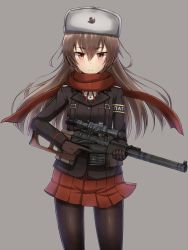 Rule 34 | 1girl, armlet, blush, brown gloves, brown hair, buttons, gloves, grey background, gun, hair between eyes, hammer and sickle, hat, highres, holding, holding gun, holding weapon, integral suppressor, integrally-suppressed firearm, long hair, looking at viewer, original, pantyhose, red eyes, red scarf, red skirt, ribbon, rifle, russian text, scarf, simple background, skirt, smile, sniper rifle, solo, standing, suppressor, toz (tulsky oruzheiny zavod), trigger discipline, tsniitochmash, tula arms plant, uniform, vss vintorez, weapon, yakob labo