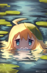 Rule 34 | 1girl, ahoge, air bubble, blonde hair, blowing bubbles, blue eyes, blurry, blurry background, bubble, highres, lily pad, long hair, looking at viewer, mouth under water, nyztsune, partially submerged, shoujo shuumatsu ryokou, solo, twitter username, water, yuuri (shoujo shuumatsu ryokou)