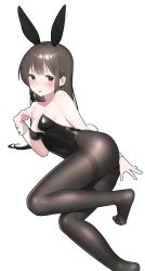 Rule 34 | 1girl, absurdres, animal ears, arm support, ass, bare arms, bare shoulders, black leotard, black pantyhose, blunt bangs, blush, breasts, brown hair, fake animal ears, hand up, highres, leotard, long hair, looking at viewer, lying, no shoes, on side, original, pantyhose, parted lips, playboy bunny, rabbit ears, rabbit tail, rubyaano (ducl323), shiny clothes, shiny legwear, simple background, small breasts, solo, strapless, strapless leotard, tail, thighband pantyhose, wrist cuffs