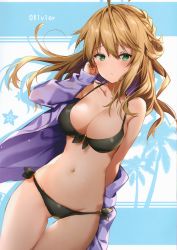 Rule 34 | 1girl, absurdres, bare shoulders, bikini, black bikini, blonde hair, blush, breasts, character name, cleavage, closed mouth, collarbone, green eyes, hand up, highres, jacket, large breasts, long hair, long sleeves, looking at viewer, navel, off shoulder, original, palm tree, riichu, scan, shiny clothes, shiny skin, simple background, solo, stomach, swimsuit, tree