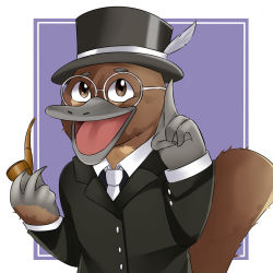 Rule 34 | absurdres, animal, borrowed character, brown eyes, cape, formal, furry, glasses, hat, highres, holding, holding smoking pipe, magic, non-web source, original, platypus, pointing, smile, smoking pipe, suit, tail, top hat, webbed feet, webbed hands
