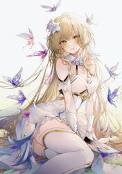 Rule 34 | 1girl, alternate hair length, alternate hairstyle, arm support, bad anatomy, bad leg, blonde hair, blush, bug, butterfly, commentary request, dress, elbow cutout, flower, genshin impact, hair flower, hair ornament, insect, kinokohime, long hair, looking at viewer, lumine (genshin impact), parted lips, purple butterfly, smile, solo, teeth, thighhighs, white background, white dress, white flower, white thighhighs, yellow eyes