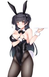 Rule 34 | 1girl, absurdres, animal ears, bare shoulders, black bow, black hair, black pantyhose, blunt bangs, blush, bow, breasts, brown eyes, cleavage, collarbone, commentary request, crimecrime, fake animal ears, fake tail, highres, holding, holding plate, idolmaster, idolmaster shiny colors, large breasts, leotard, long hair, looking at viewer, mayuzumi fuyuko, pantyhose, plate, playboy bunny, rabbit ears, rabbit tail, simple background, solo, tail, two side up, white background