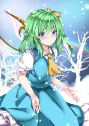 Rule 34 | 1girl, ascot, bare tree, blue eyes, blue skirt, blue vest, blush, bow, brown ascot, brown bow, closed mouth, collared shirt, daiyousei, fairy wings, frilled skirt, frills, green hair, hair between eyes, hair bow, long hair, looking at viewer, nanase nao, one side up, puffy short sleeves, puffy sleeves, shirt, short sleeves, skirt, skirt set, smile, solo, touhou, tree, vest, white shirt, wings