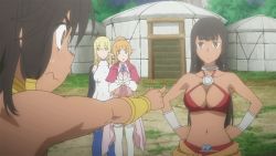 Rule 34 | 10s, 4girls, :c, :o, aiz wallenstein, amazon warrior, angry, animated, animated gif, bare arms, bare shoulders, bikini, bikini top only, black gloves, blonde hair, blue eyes, blush, boots, bouncing breasts, bracelet, bracer, breast envy, breasts, capelet, cleavage, clenched hands, closed mouth, collarbone, collared shirt, dark-skinned female, dark skin, dress, dungeon ni deai wo motomeru no wa machigatteiru darou ka, elbow gloves, elf, expressionless, eye contact, field, friends, frown, gloves, hair ornament, hair tubes, hands on own hips, hands together, index finger raised, jewelry, large breasts, lefiya viridis, long hair, long sleeves, looking at another, medium breasts, midriff, multiple girls, navel, neck, neck ring, open mouth, orange hair, outdoors, pointing, pointy ears, ponytail, purple capelet, red bikini, red capelet, revealing clothes, serious, shirt, short dress, short hair, siblings, sisters, sleeveless, sleeveless turtleneck, standing, surprised, sweatdrop, swimsuit, sword oratoria, talking, tent, tiona hiryute, tione hiryute, tree, turtleneck, twins, white dress, white footwear, white shirt, yellow eyes