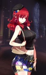 Rule 34 | 1girl, absurdres, alternate costume, bag, bangle, bare arms, bare shoulders, belt, black hat, black sweater, bracelet, breasts, casual, comic, cowboy shot, eyelashes, hat, hecatia lapislazuli, highres, jewelry, large breasts, long hair, looking at viewer, midriff, navel, night, night sky, outdoors, pointy ears, raptor7, red eyes, red hair, ribbed sweater, shoulder bag, skirt, sky, smile, solo, sweater, sweater vest, thighs, touhou, turtleneck, turtleneck sweater