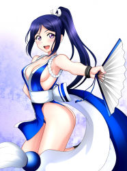 Rule 34 | 1girl, :d, alternate costume, artist request, ass, bare arms, bare legs, bare shoulders, blue hair, blush, breasts, cleavage, collarbone, cosplay, fatal fury, female focus, hand fan, happy, highres, holding, holding fan, japanese clothes, legs, long hair, looking at viewer, love live!, love live! sunshine!!, matsuura kanan, medium breasts, open mouth, outstretched arm, pelvic curtain, ponytail, purple eyes, revealing clothes, round teeth, sash, shiranui mai, shiranui mai (cosplay), sideboob, smile, snk, solo, tasuki, teeth, the king of fighters, thighs, white tasuki