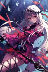 Rule 34 | 1girl, angelfish, arknights, bare shoulders, blue gloves, circlet, closed mouth, cowboy shot, detached sleeves, dress, fish, gloves, grey hair, highres, holding, holding staff, long hair, long sleeves, looking at viewer, monster, red dress, red eyes, ryuinu, skadi (arknights), skadi the corrupting heart (arknights), solo, staff, thigh strap, tropical fish, v, very long hair