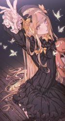 Rule 34 | 1girl, abigail williams (fate), absurdres, black bow, black dress, black footwear, black headwear, blonde hair, bloomers, blue eyes, blush, bow, breasts, bug, butterfly, dress, fate/grand order, fate (series), forehead, hair bow, highres, hxxg, insect, long hair, long sleeves, looking at viewer, multiple hair bows, open mouth, orange bow, outstretched arm, parted bangs, ribbed dress, seiza, sitting, small breasts, solo, stuffed animal, stuffed toy, teddy bear, underwear, very long hair, white bloomers