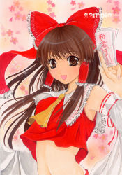 Rule 34 | 1girl, acrylic paint (medium), between fingers, bow, brown eyes, brown hair, cherry blossoms, colored pencil (medium), detached sleeves, eyelashes, female focus, fingernails, frills, gradient background, hair bow, hair tubes, hakurei reimu, highres, holding, japanese clothes, looking at viewer, marituin, midriff, miko, narrow waist, navel, ofuda, open mouth, painting (medium), pastel (medium), sample watermark, smile, solo, touhou, traditional media, upper body, watermark