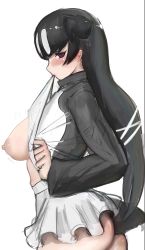 Rule 34 | 1girl, ass, black hair, blush, breasts, clothes lift, colored inner hair, empty eyes, from side, great auk (kemono friends), hair ribbon, highres, kemono friends, large breasts, lifting own clothes, long hair, long sleeves, looking at viewer, microskirt, mouth hold, multicolored hair, nipples, no bra, purple eyes, ribbon, shibori kasu, shirt, shirt lift, sideways glance, simple background, skirt, solo, tail, two-tone hair, upper body, very long hair, white background, white hair