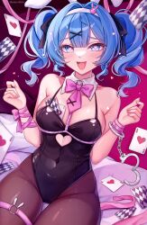 1girl ace_(playing_card) ace_of_hearts bare_shoulders black_leotard black_pantyhose blue_eyes blue_hair breasts card chest_harness clothing_cutout cuffs cutout_above_navel handcuffs harness hatsune_miku heart heart-shaped_pupils heart_cutout highres large_breasts leotard masshiromelon pantyhose pink_ribbon playing_card rabbit_girl rabbit_hole_(vocaloid) ribbon sitting solo symbol-shaped_pupils twintails vocaloid