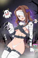 absurdres bakemon belt blush breasts cosplay digimon digimon_(creature) digimon_adventure ghost halloween highres looking_at_another mummymon mummymon_(cosplay) pabsmikan palmon tachikawa_mimi