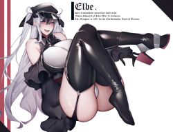 Rule 34 | 1girl, ass, azur lane, blush, boots, breasts, detached sleeves, elbe (azur lane), english text, fang, gloves, hat, highres, huge breasts, leather, leather boots, long hair, on floor, open mouth, panties, pink eyes, purple eyes, smile, tagme, unbeller, underwear, white background, white hair