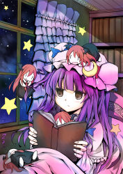 Rule 34 | 5girls, :d, bat wings, book, bookshelf, bow, brown eyes, chibi, chibi on head, crescent, expressionless, female focus, floating, hair bow, hat, highres, koakuma, long hair, mini person, minigirl, multiple girls, multiple persona, my (artist), necktie, night, night sky, on head, open book, open mouth, patchouli knowledge, person on head, purple hair, sky, sleeping, smile, star (sky), star (symbol), starry sky, touhou, tying, wings, zzz, | |
